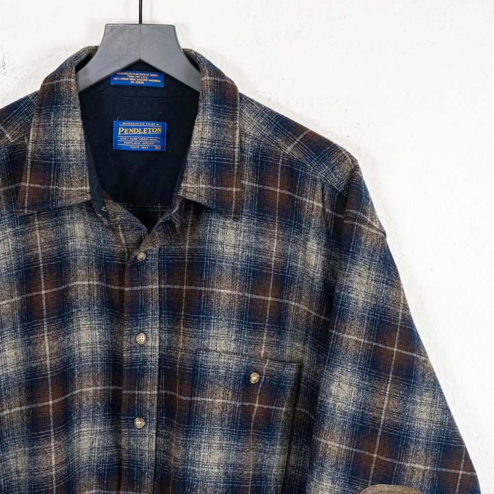 vtg Pendleton Men's Virgin Wool Flannel Shirt Suade elbow patch size XL
